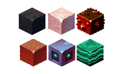 Poster - Vector set of isometric blocks with different texture. Cubes in 3D style. Gaming assets. Elements for fantasy mobile game
