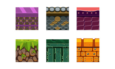 Poster - Flat vector set of 6 texture types and materials for platform game. Dry soil with grass, bricks and stones. Gaming assets