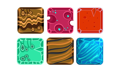 Poster - Vector set of 6 square tiles with different textures for mobile game. Gaming assets. Glossy gemstones and ice water