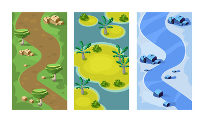Poster - flat vector set of 3 vertical backgrounds for mobile game. seamless scenes with forest path, sandy i