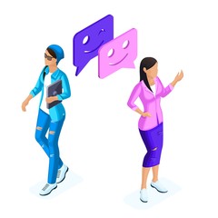 Poster - Isometrics young girls communicate in social networks, send letters by e-mail, phone, smartphone, blogger. Teenagers and gadgets