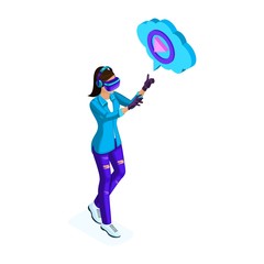 Poster - isometry is a young girl playing on the internet in a virtual game, social networks, data storage in