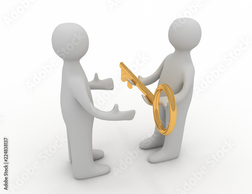 Fotografie, Obraz 3d man giving golden key to another person