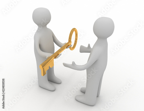 Fotografie, Obraz 3d man giving golden key to another person