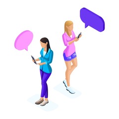Wall Mural - isometry of young girls, communicates on the phone in social networks, conducts correspondence, tele