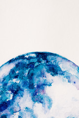 Poster - partial view of planet made of blue watercolor paint on white background