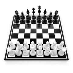 Wall Mural - Chess board with chess isolated on white. 3d render illustration.