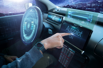 in a futuristic world a person drives a car of the future with holographic technology and augmented reality, concept of transportation and immersive technology linked to travel,  cars withAutopilot 