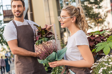 Wall Mural - smiling florists holding potted plants near flower shop and looking away