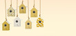 A set of painted birdhouses are suspended on a rope. Birdhouses with yellow and white patterns isolated on a light yellow background with space for text. 3D rendering