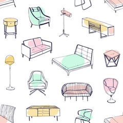 Aufkleber - Seamless pattern with various cozy furniture drawn with contour lines and colored stains on white background. Backdrop with sofa, armchair, chair, bed, nightstand. Vector illustration for wallpaper.