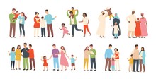 Set Of Happy Traditional Heterosexual Families With Children. Smiling Mother, Father And Kids. Cute Cartoon Characters Isolated On White Background. Colorful Vector Illustration In Flat Style.