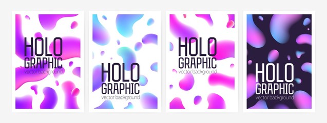 Poster - Collection of stylish holographic backgrounds or backdrops with abstract shapes or gradient colored rounded stains and place for text. Colorful vector illustration for poster, flyer, postcard.