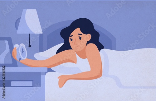 Sleepy Woman Lying On Bed And Looking At Alarm Clock At Night Female 