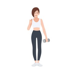 Aufkleber - Personal fitness or sports trainer or gym worker holding dumbbell and demonstrating thumbs up gesture. Female cartoon character isolated on white background. Colored vector illustration in flat style.