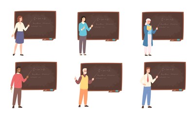 Aufkleber - Collection of male and female school or college teachers, professors, education workers standing beside chalkboard, holding pointer and teaching. Colorful vector illustration in flat cartoon style.