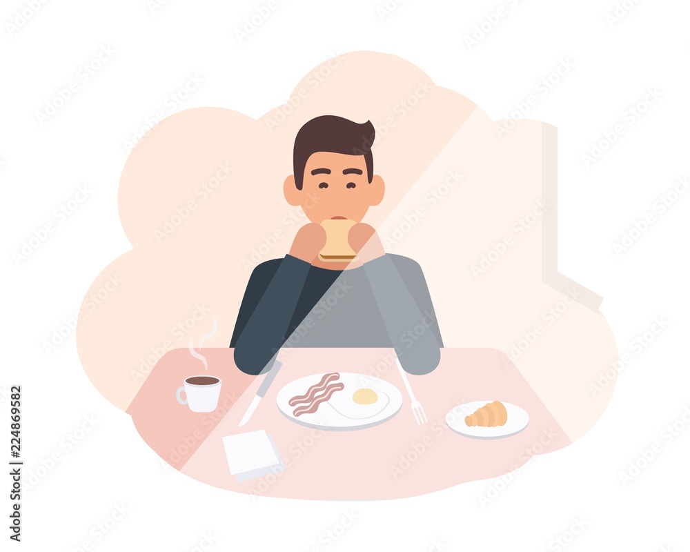 Happy young man sitting at table and eating delicious morning meal. Male character  having breakfast at home. Smiling boy chewing sandwich. Colorful vector  illustration in flat cartoon style. Stock Vector | Adobe, image size:1000x800