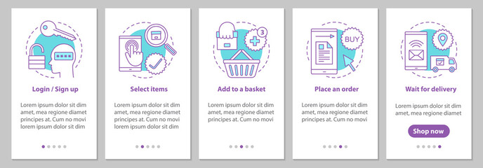Online shopping onboarding mobile app page screen with linear co