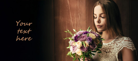 Copy space , your text here , girl holding flowers in hands, young beautiful bride in white dress holding wedding bouquet, bouquet of bride from rose cream spray, rose bush, rose purple