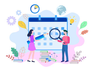 Poster - Vector illustration, whiteboard with schedule plans, work in progress, people filling out the schedule in the table, work planning, Concept for web page, banner, presentation, social media, documents