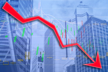 Hong Kong Office buildings with graph index of stock Market ((red bear chart)