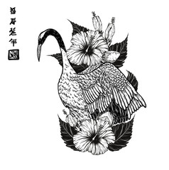 Red-crowned crane with hibiscus tattoo by hand drawing.Beautiful bird on white background.Grus japonensis art highly detailed in line art style.Chinese bird for tattoo or wallpaper.