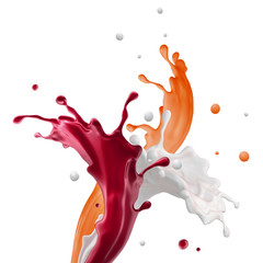 Poster - 3d render, liquid pink red splash, mixed fruit yogurt drink, smoothie, wavy splashing, paint, isolated on white background