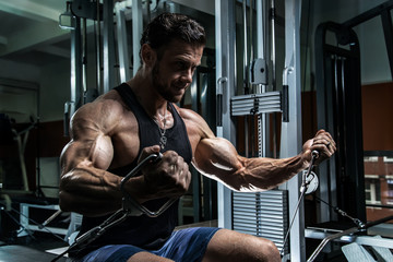 White Muscular man training his back in the gym by cabel machine