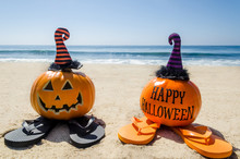 Beach Halloween Background With Pumpkin In The Witch's Hats