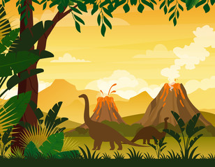 Obraz na płótnie trawa dinozaur wulkan drzewa