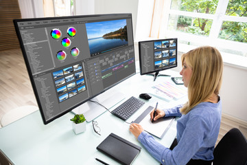 Poster - Editor Editing Video On Computer