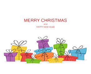 Wall Mural - Colorful presents and lettering Merry Christmas on White Background