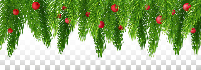 Christmas long garland. evergreen garland of Xmas tree, berries . Merry Christmas and Happy New Year greeting. Panorama. Vector illustration. Eps 10.