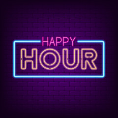 Leinwandbilder - Happy hour neon sign. Night bright advertising neon signboard. Vector illustration.