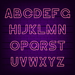 Leinwandbilder - Neon light alphabet. Glowing neon font. Vector typeface.