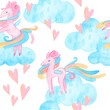 ©  OllyKo - Fairy tale watercolor illustration. Cartoon seamless pattern with unicorn collection. Magic cute baby backgrounds. Pegasus, sky, clouds, Stars, plants, flowers