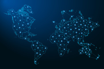 Aufkleber - Abstract World map created from lines and bright points in the form of starry sky, polygonal wireframe mesh and connected lines. Vector illustration.