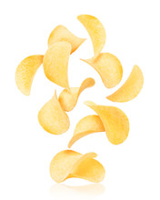 Potato Chips Rise Up From The Pile With Chips, Isolated On A White Background