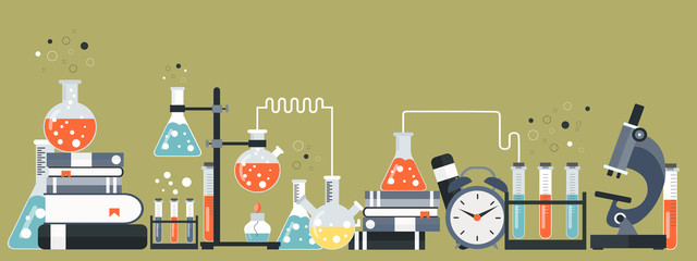 Laboratory equipment banner. Concept for science, medicine and knowledge. Flat vector illustration