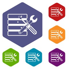 Poster - Database with screwdriverl and spanner icons set rhombus in different colors isolated on white background