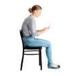 © New Africa - Woman with mobile phone sitting on chair against white background. Posture concept