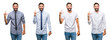 © Krakenimages.com - Collage of young man wearing casual look over white isolated backgroud smiling and confident gesturing with hand doing size sign with fingers while looking and the camera. Measure concept.