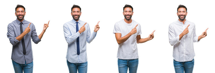 Collage of young man wearing casual look over white isolated backgroud smiling and looking at the camera pointing with two hands and fingers to the side.