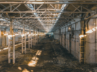  Abandoned and haunted industrial creepy warehouse inside, old ruined grunge factory building