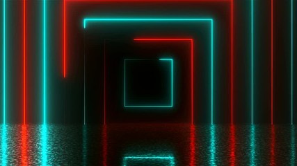 Poster - Abstract square neon tunnel with reflection, computer generated background, 3D render background