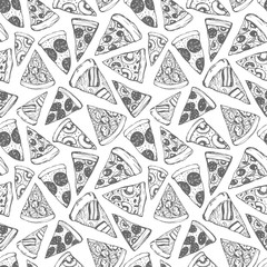 Seamless pattern with hand drawn slices of pizza. Doodle style.