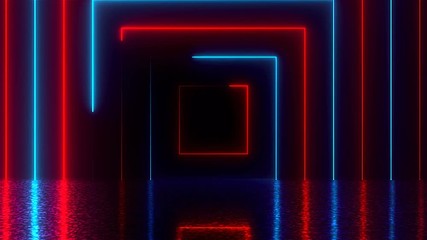 Poster - Abstract square neon tunnel with reflection, computer generated background, 3D render background