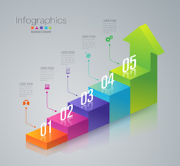 Staircase infographics design vector and business icons with 5 options.