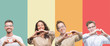 Collage of a group of people isolated over colorful background smiling in love showing heart symbol and shape with hands. Romantic concept.