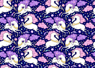 Vector seamless pattern with mythical animals. Galloping cute white unicorns with golden horn, pink, violet mane, tail.